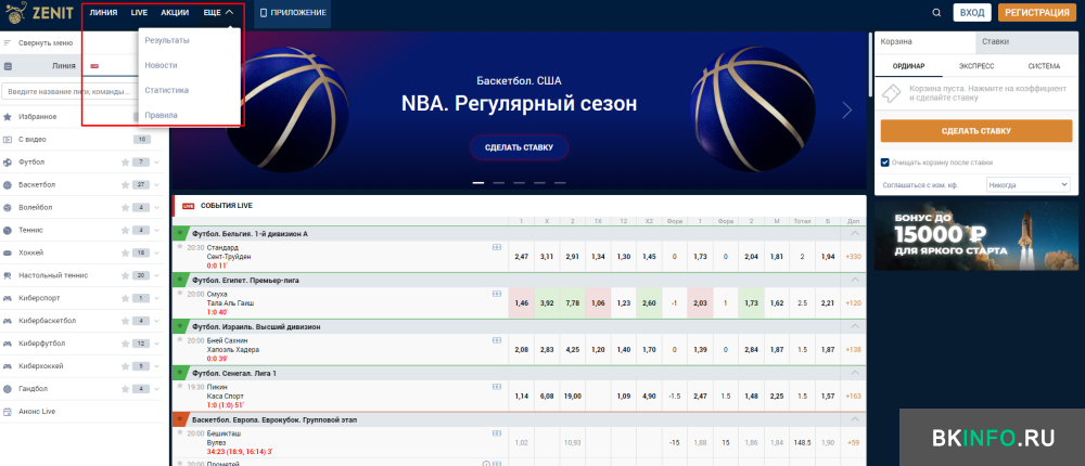 Разделы официального сайта букмекерской конторы «Зенит»